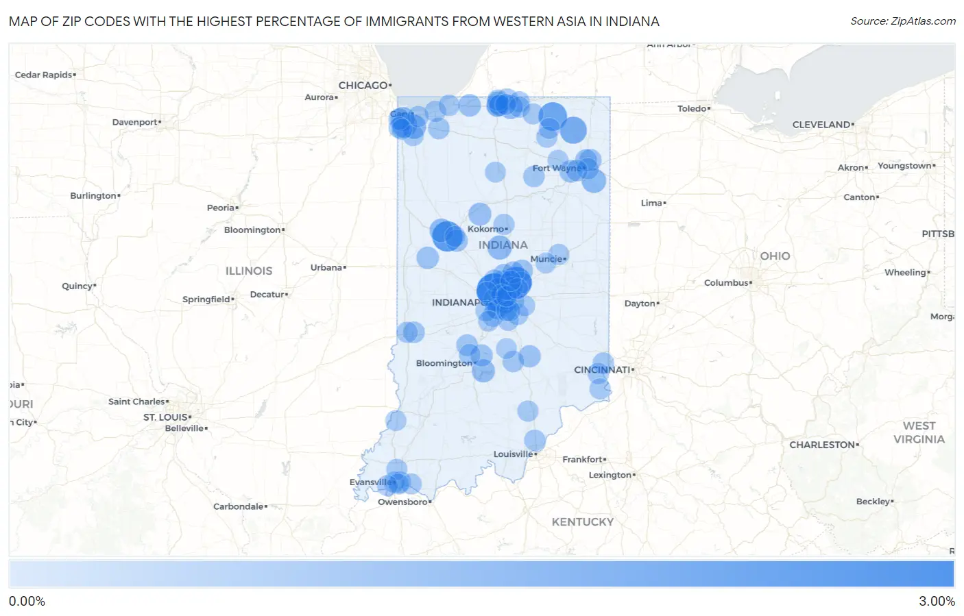 Zip Codes with the Highest Percentage of Immigrants from Western Asia in Indiana Map