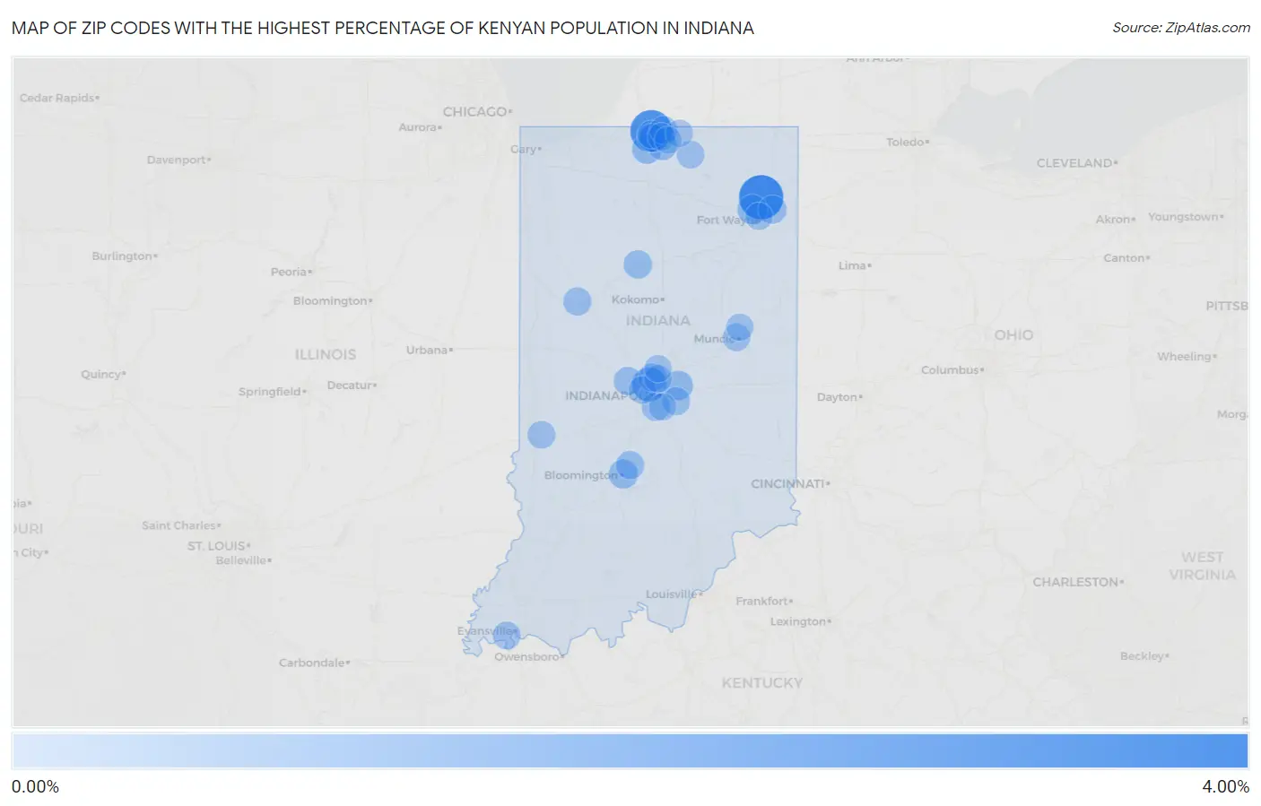 Zip Codes with the Highest Percentage of Kenyan Population in Indiana Map