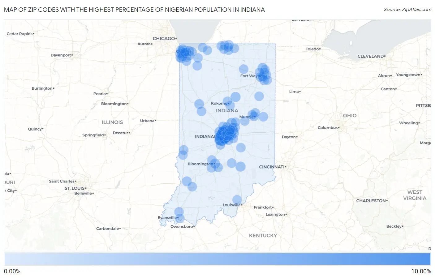 Zip Codes with the Highest Percentage of Nigerian Population in Indiana Map