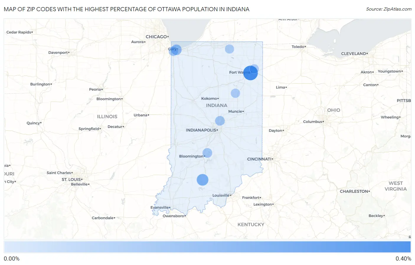 Zip Codes with the Highest Percentage of Ottawa Population in Indiana Map