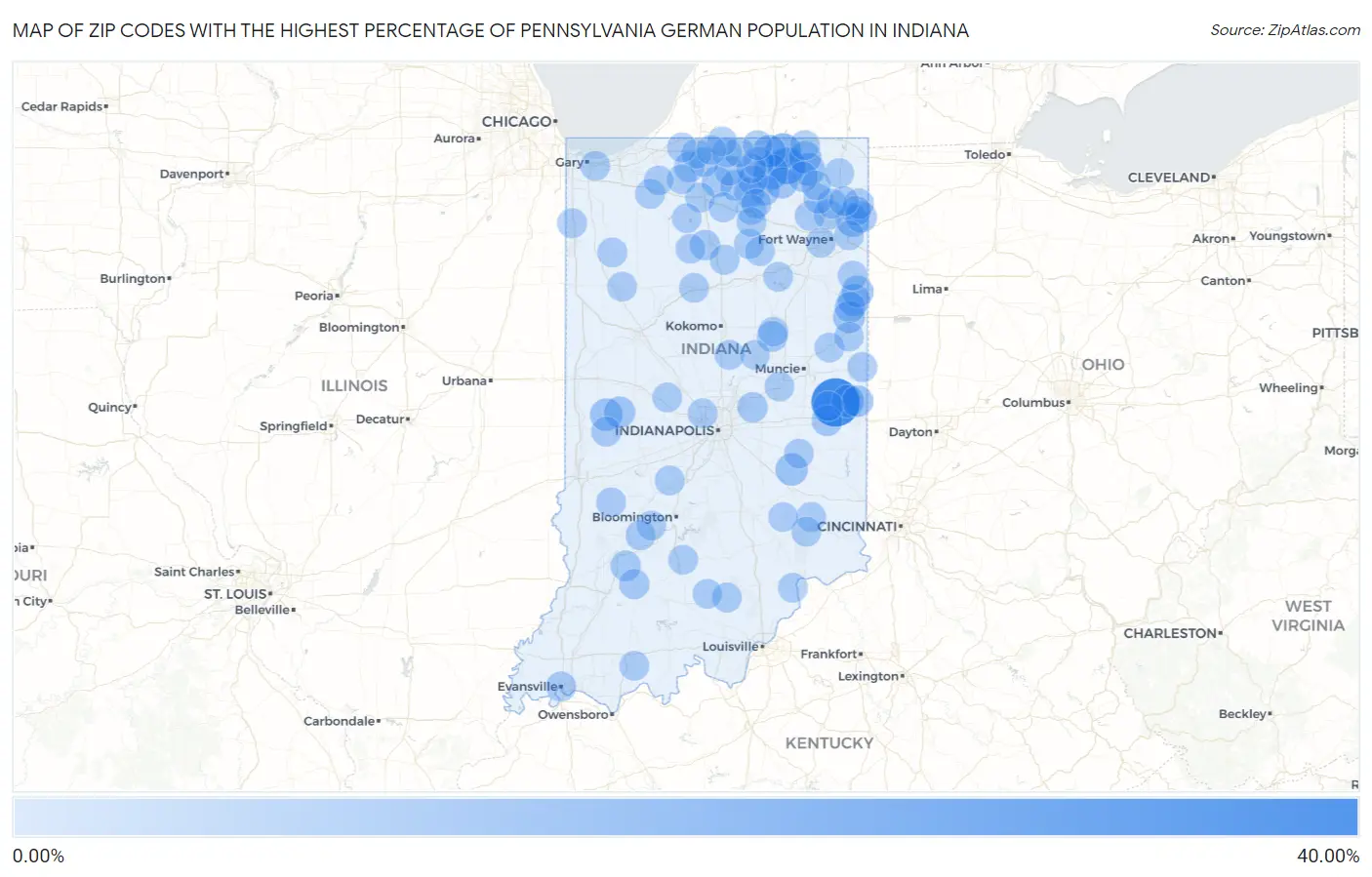 Zip Codes with the Highest Percentage of Pennsylvania German Population in Indiana Map
