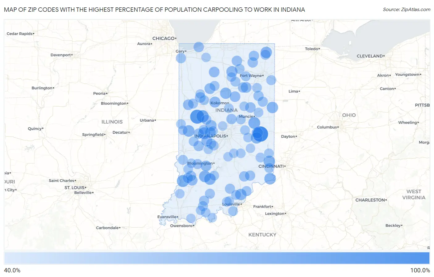 Zip Codes with the Highest Percentage of Population Carpooling to Work in Indiana Map