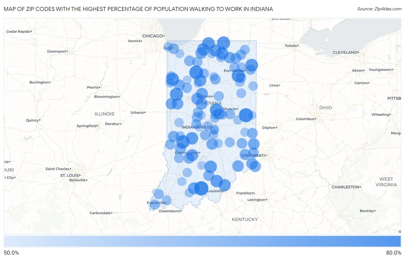 Zip Codes with the Highest Percentage of Population Walking to Work in Indiana Map