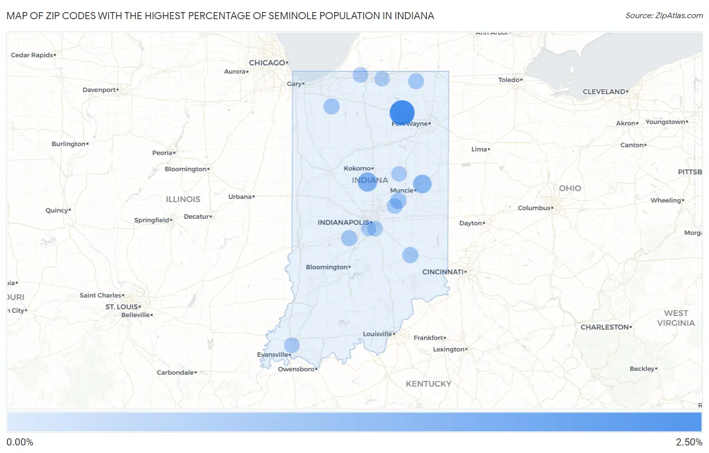 Zip Codes with the Highest Percentage of Seminole Population in Indiana Map