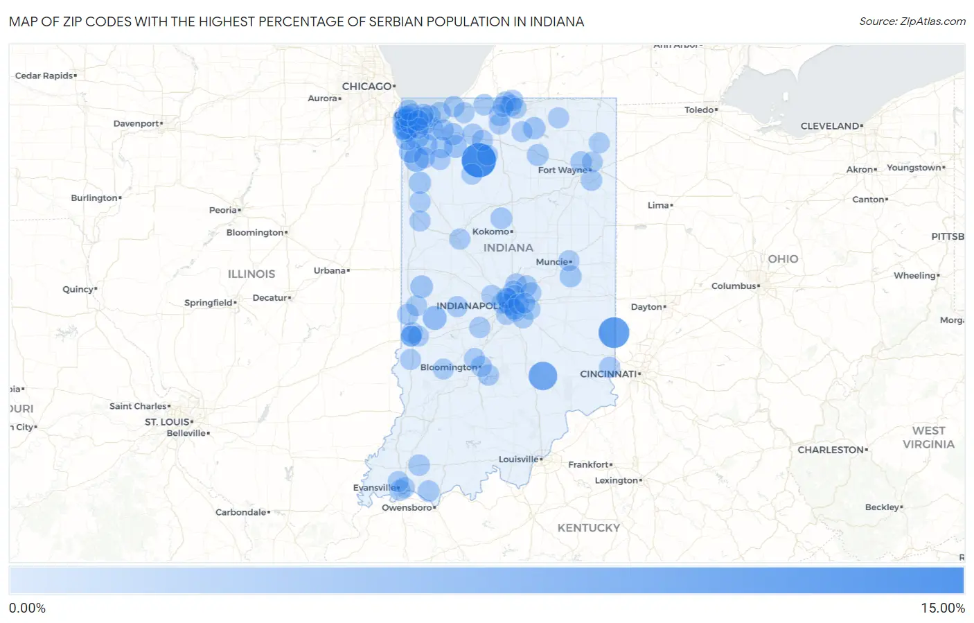 Zip Codes with the Highest Percentage of Serbian Population in Indiana Map