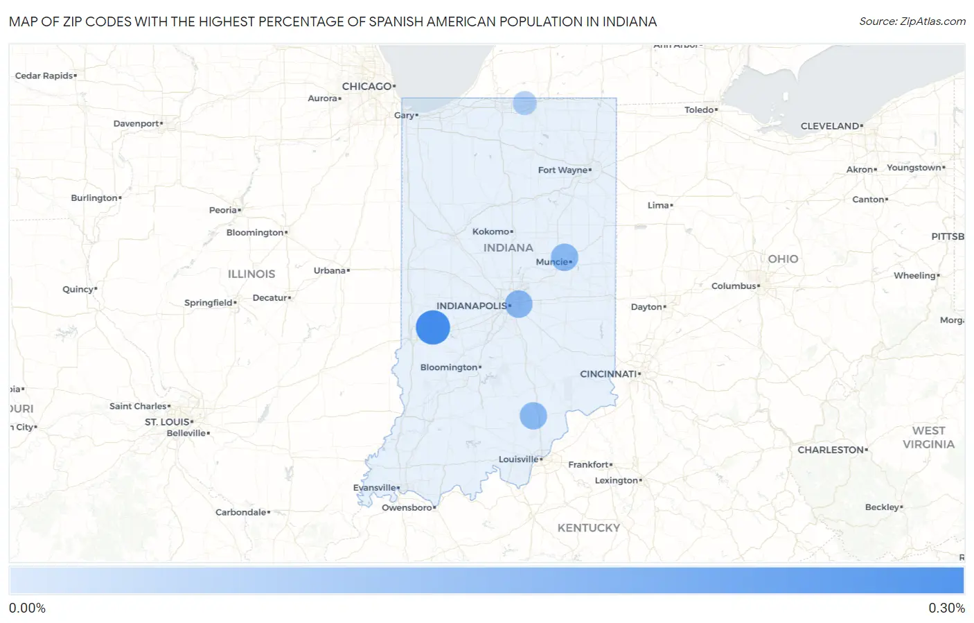 Zip Codes with the Highest Percentage of Spanish American Population in Indiana Map