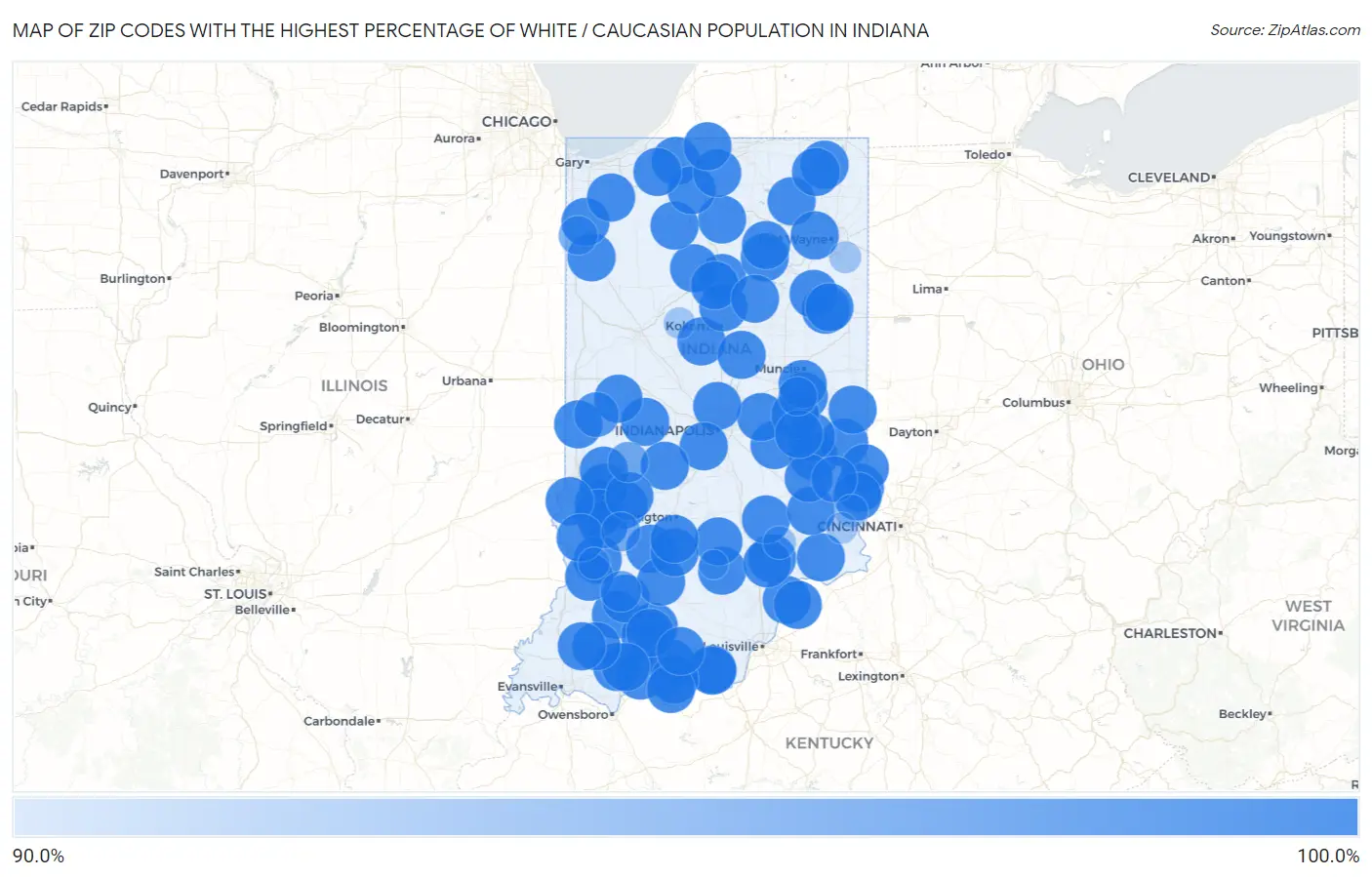 Zip Codes with the Highest Percentage of White / Caucasian Population in Indiana Map