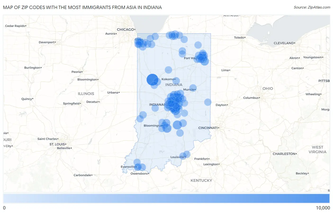 Zip Codes with the Most Immigrants from Asia in Indiana Map