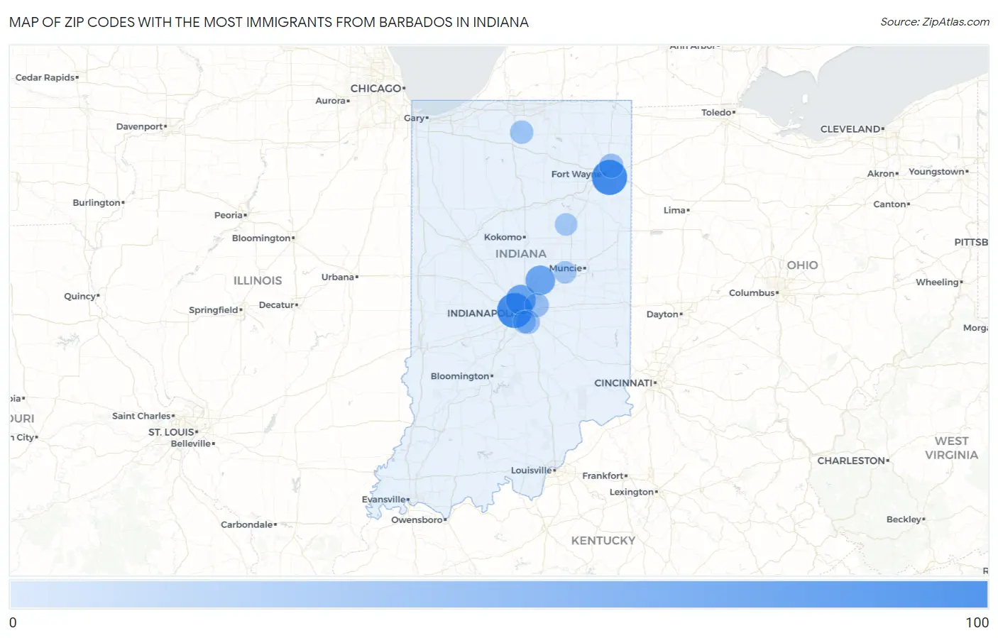 Zip Codes with the Most Immigrants from Barbados in Indiana Map
