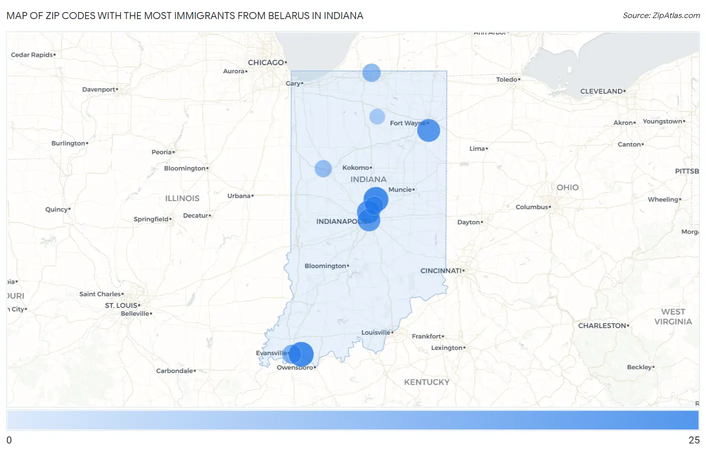 Zip Codes with the Most Immigrants from Belarus in Indiana Map