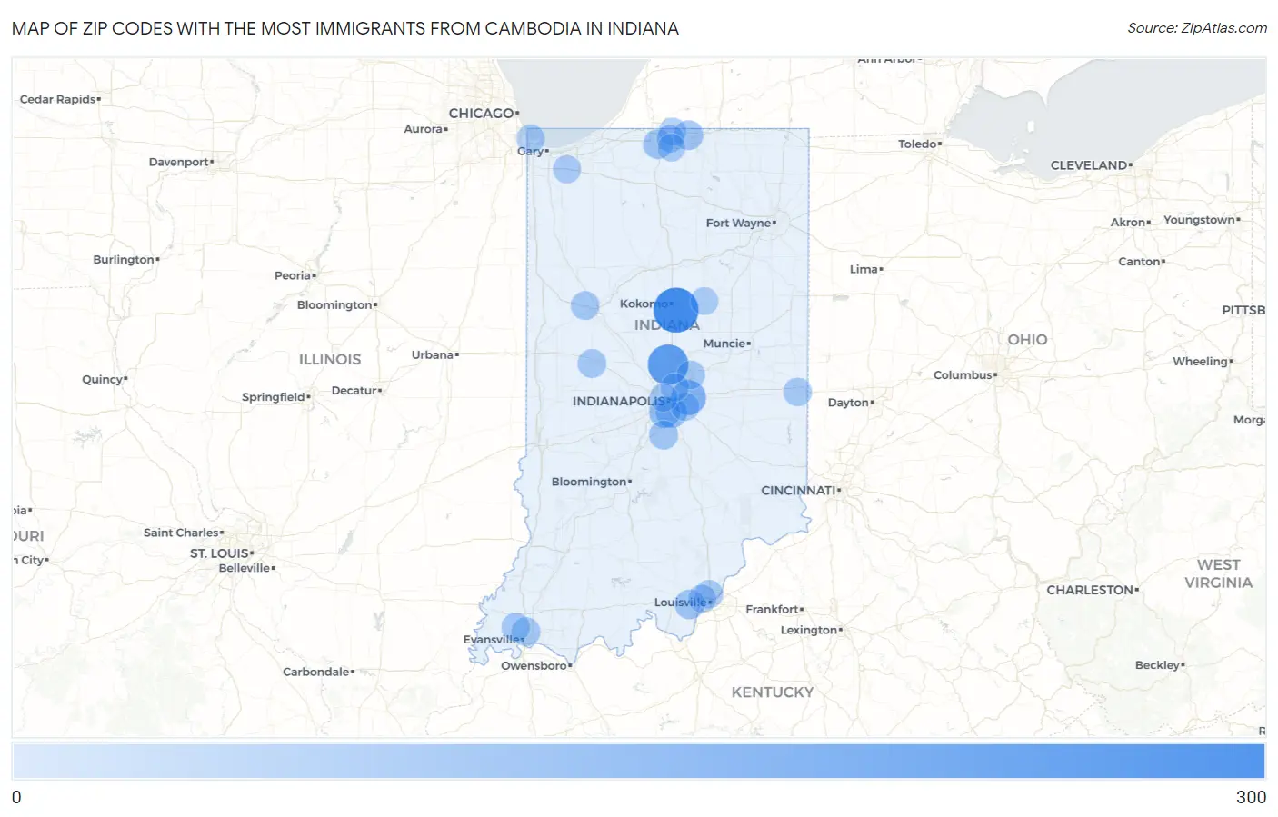 Zip Codes with the Most Immigrants from Cambodia in Indiana Map