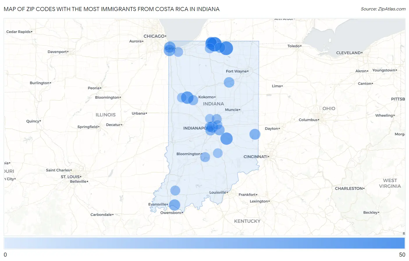 Zip Codes with the Most Immigrants from Costa Rica in Indiana Map