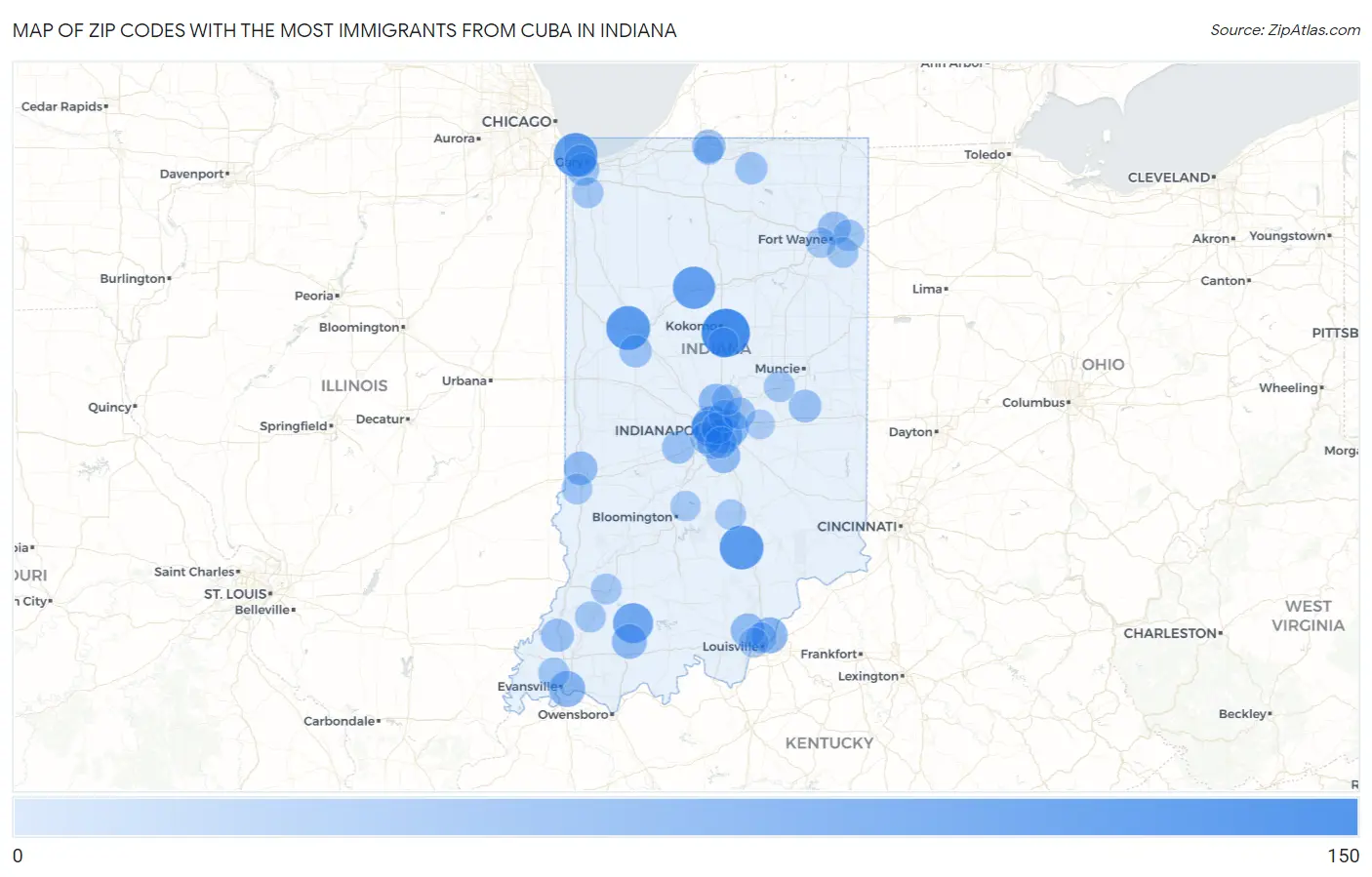 Zip Codes with the Most Immigrants from Cuba in Indiana Map