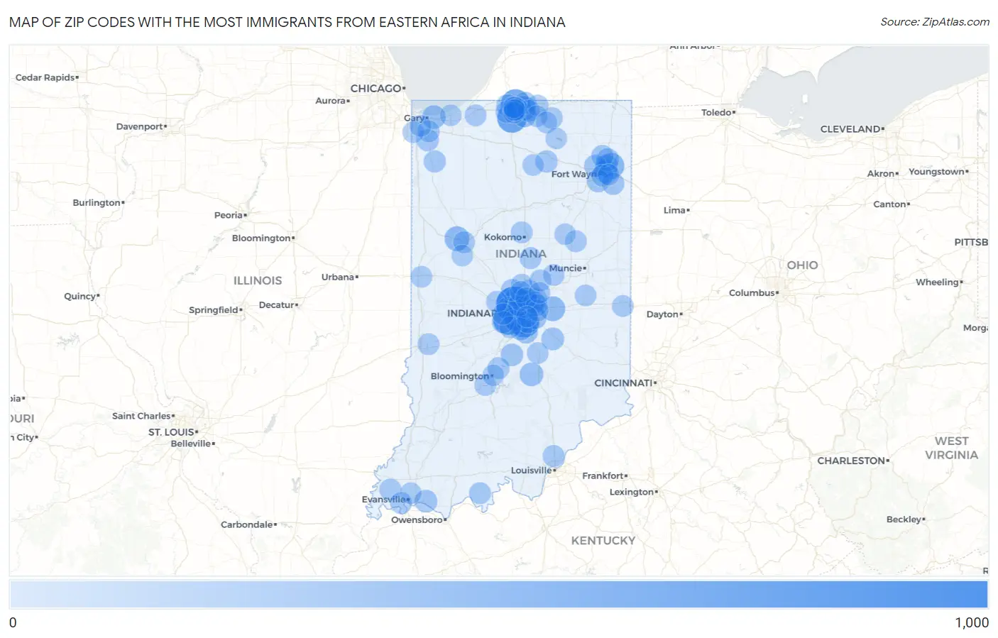 Zip Codes with the Most Immigrants from Eastern Africa in Indiana Map
