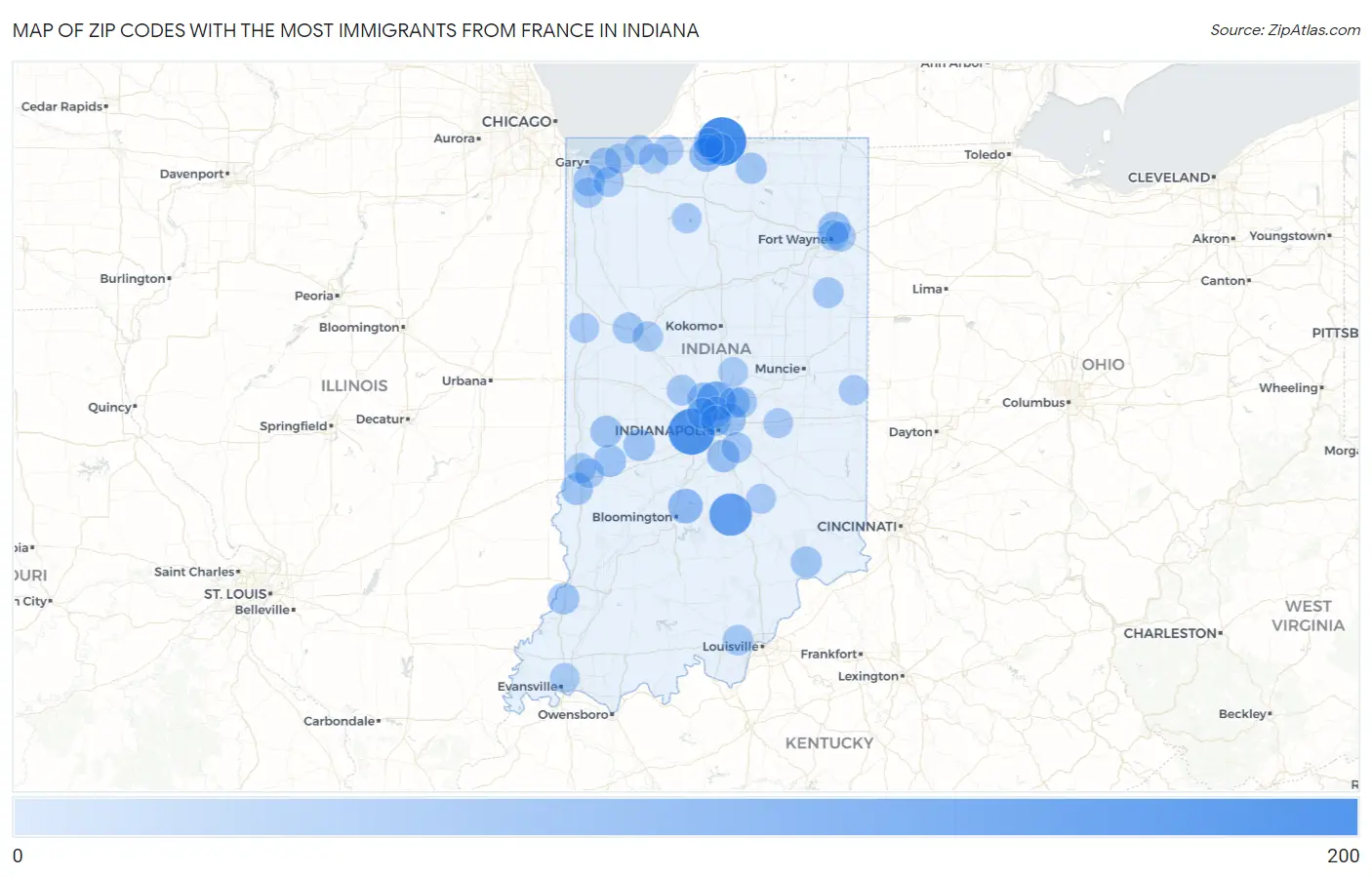 Zip Codes with the Most Immigrants from France in Indiana Map