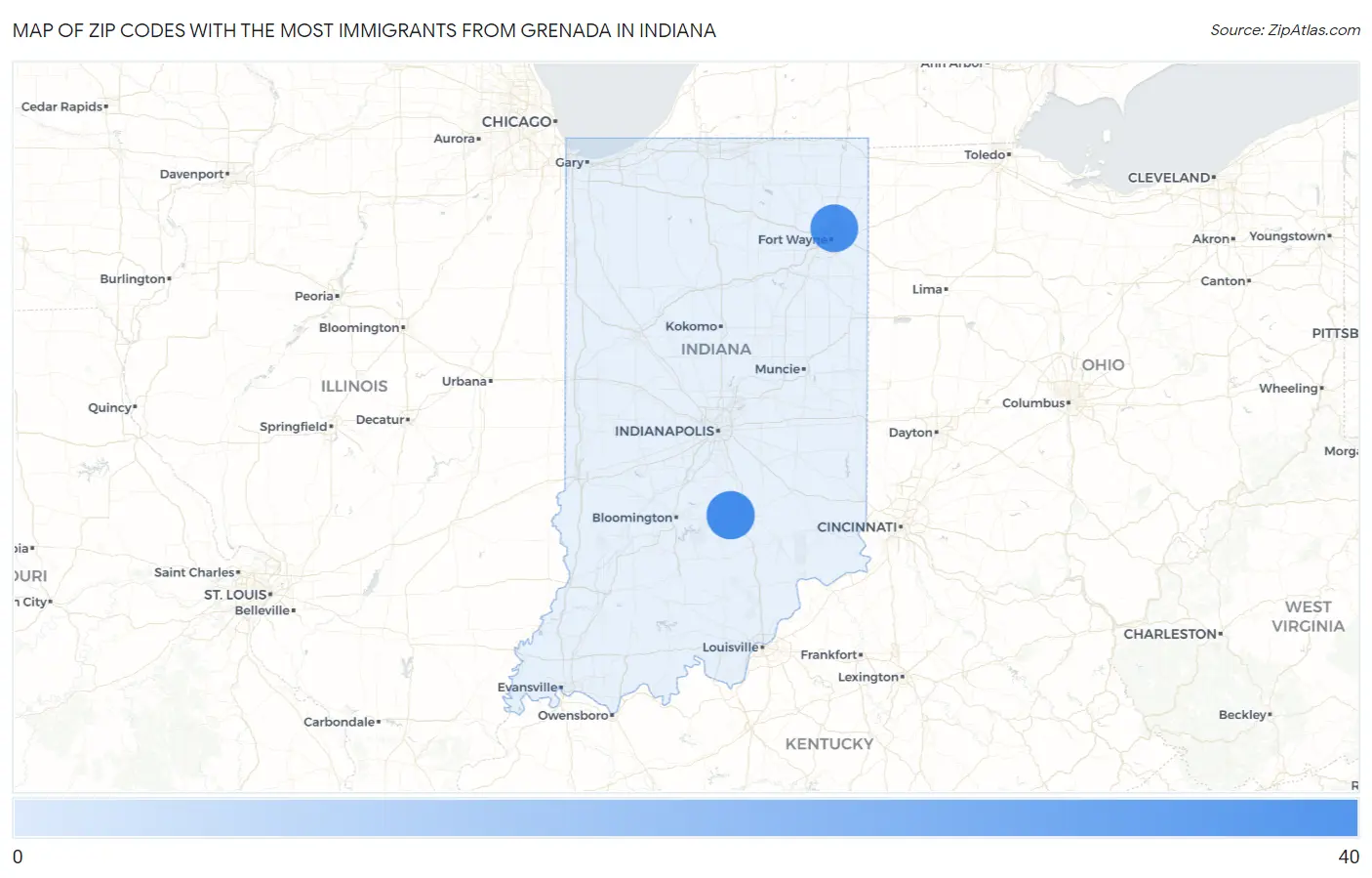 Zip Codes with the Most Immigrants from Grenada in Indiana Map