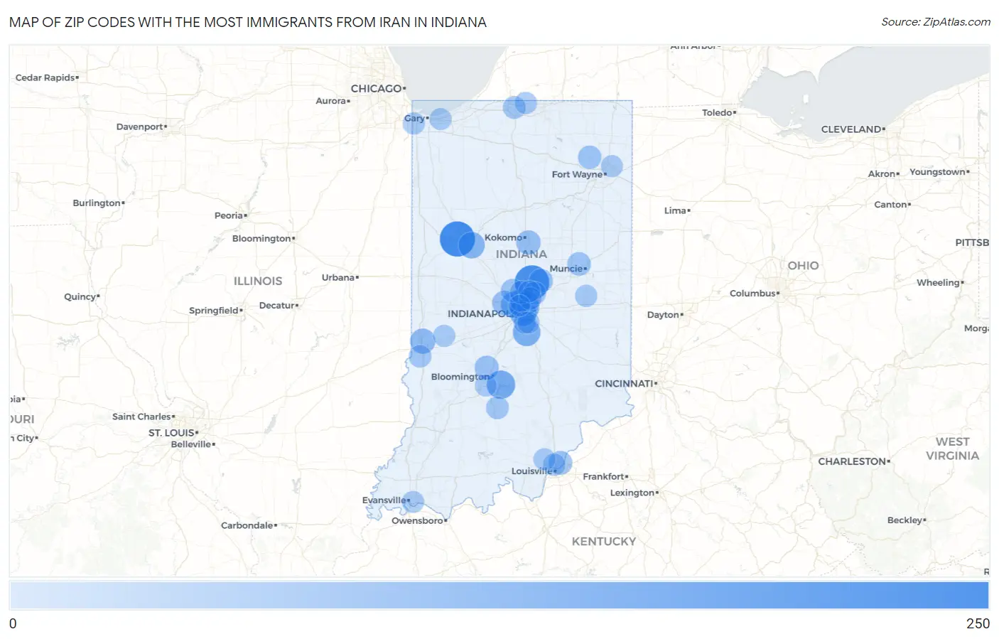 Zip Codes with the Most Immigrants from Iran in Indiana Map