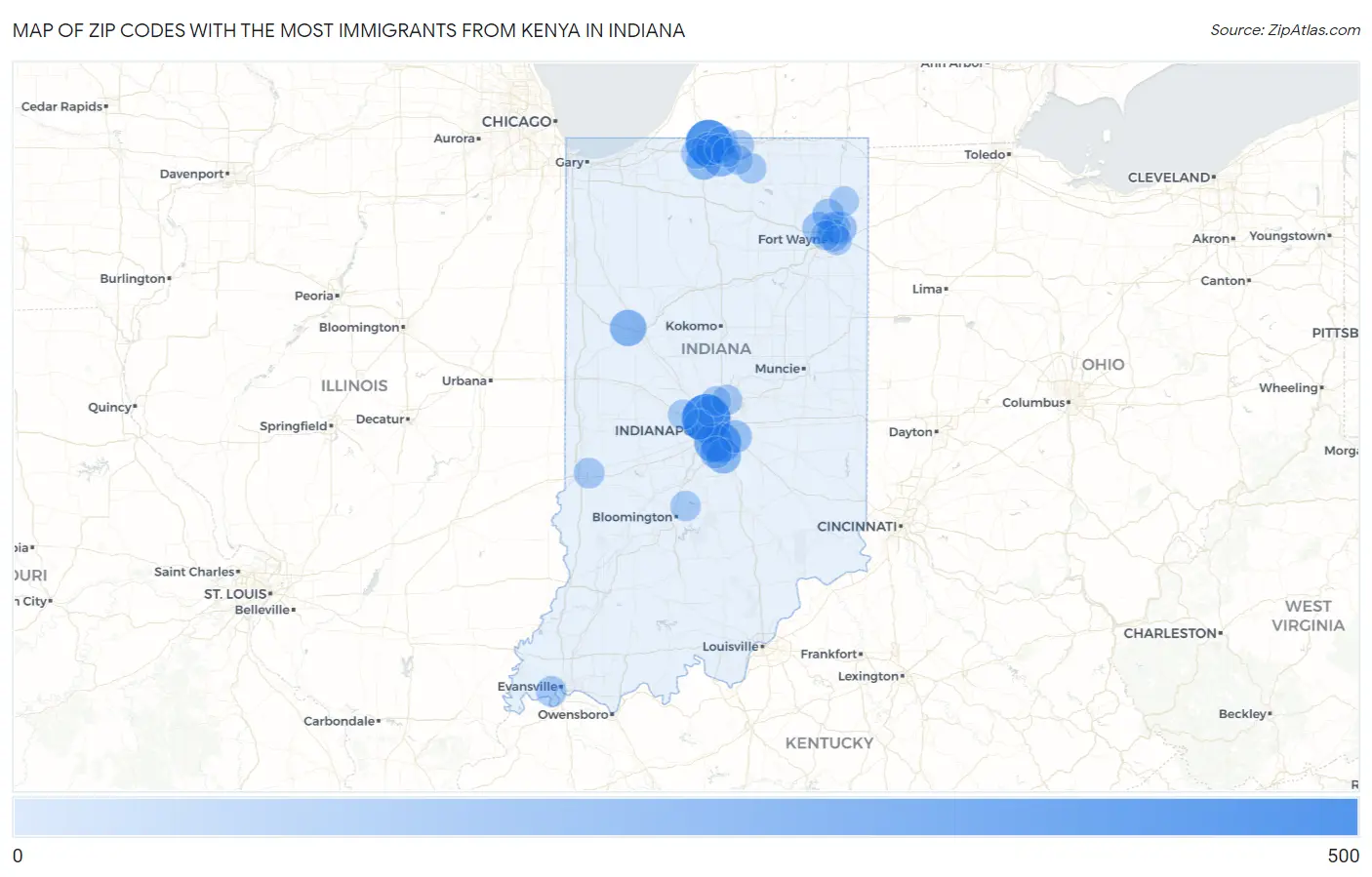 Zip Codes with the Most Immigrants from Kenya in Indiana Map