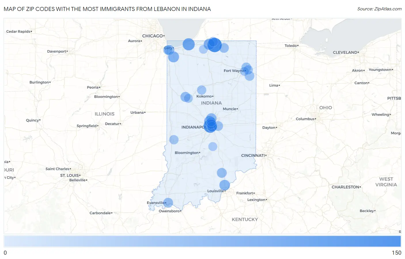 Zip Codes with the Most Immigrants from Lebanon in Indiana Map