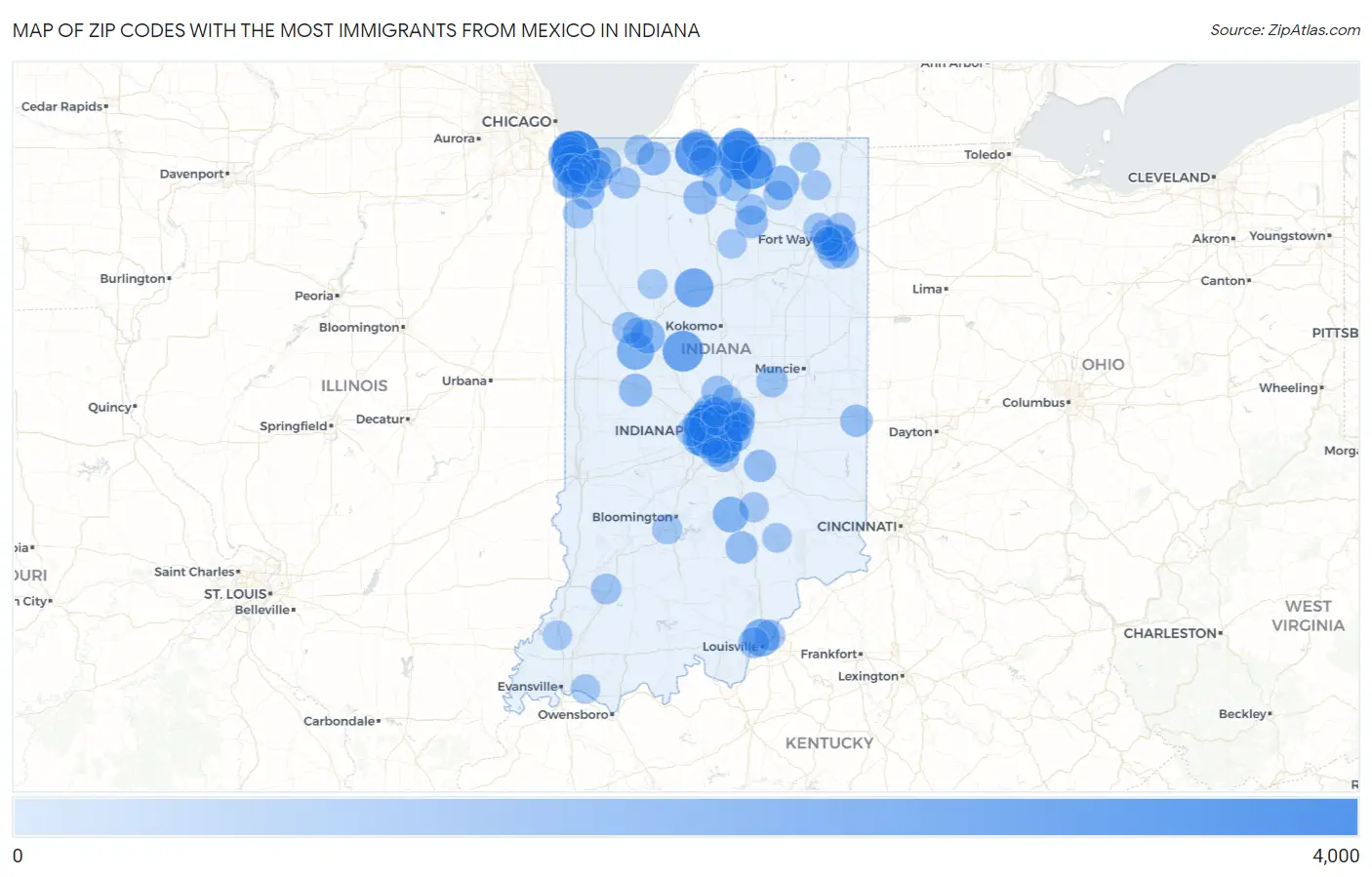 Zip Codes with the Most Immigrants from Mexico in Indiana Map