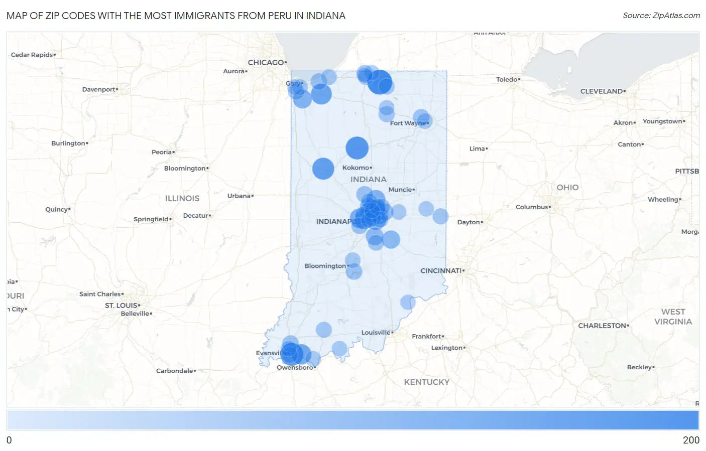 Zip Codes with the Most Immigrants from Peru in Indiana Map