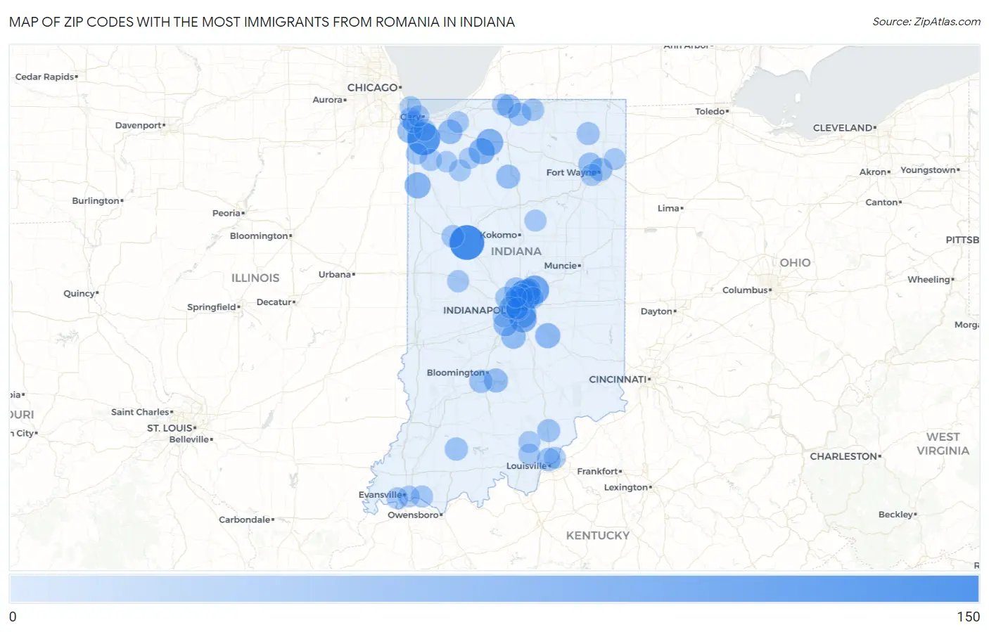 Zip Codes with the Most Immigrants from Romania in Indiana Map