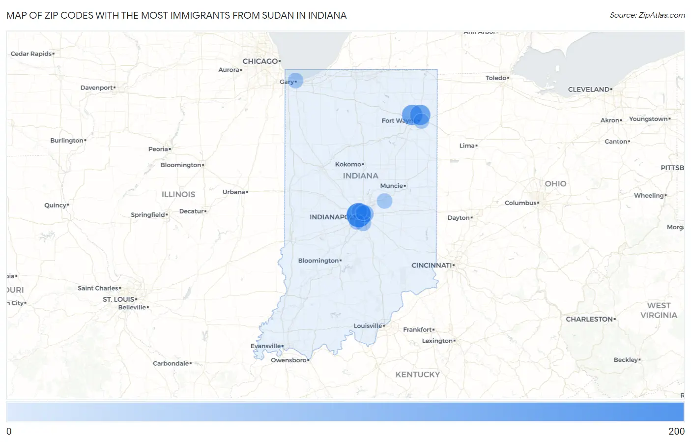 Zip Codes with the Most Immigrants from Sudan in Indiana Map