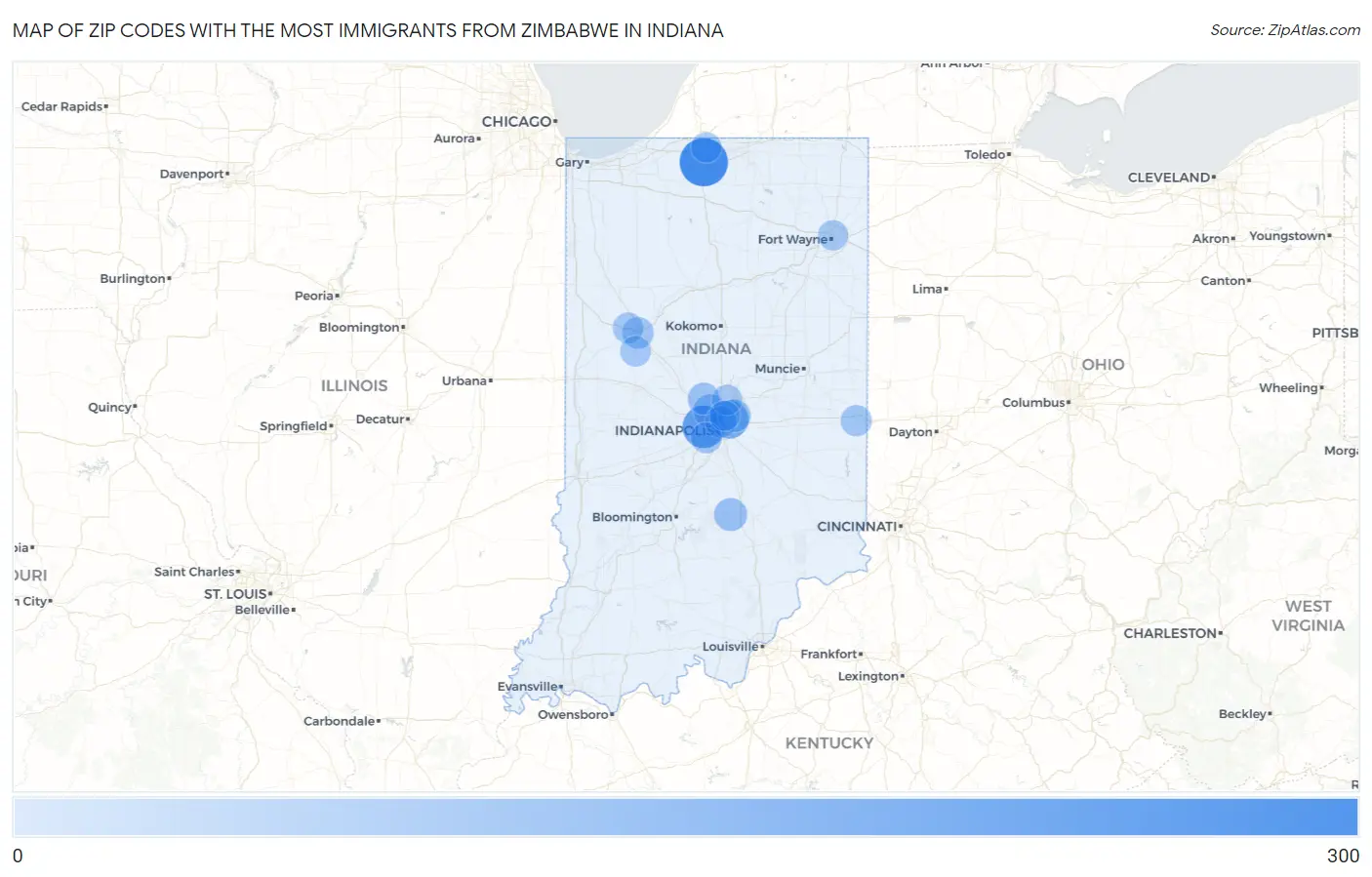 Zip Codes with the Most Immigrants from Zimbabwe in Indiana Map