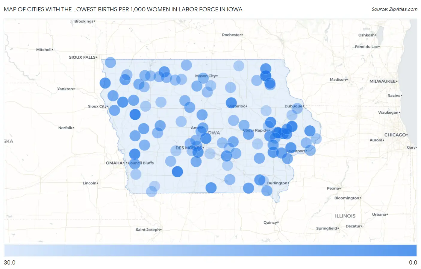 Cities with the Lowest Births per 1,000 Women in Labor Force in Iowa Map