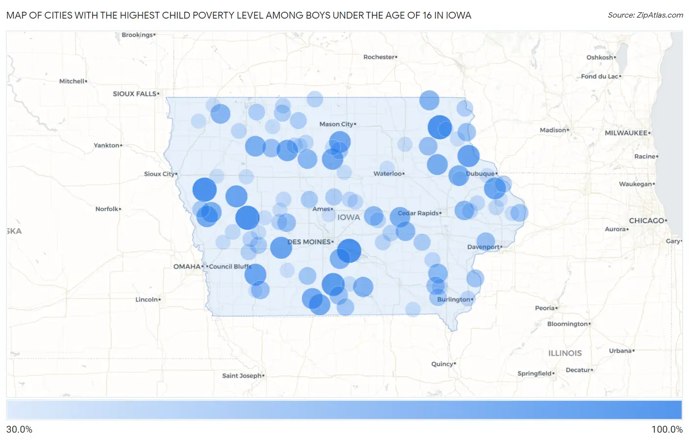 Cities with the Highest Child Poverty Level Among Boys Under the Age of 16 in Iowa Map