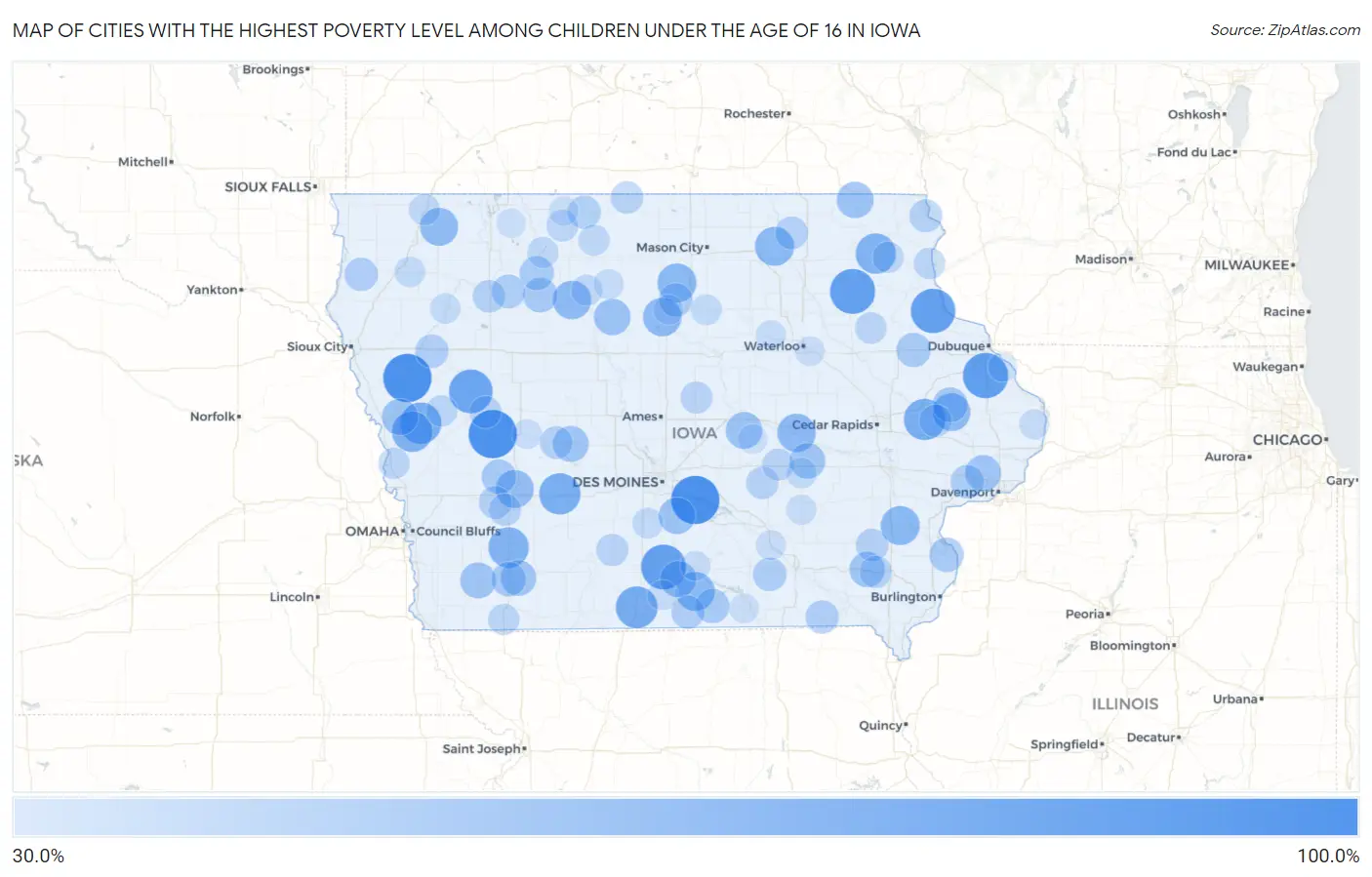 Cities with the Highest Poverty Level Among Children Under the Age of 16 in Iowa Map