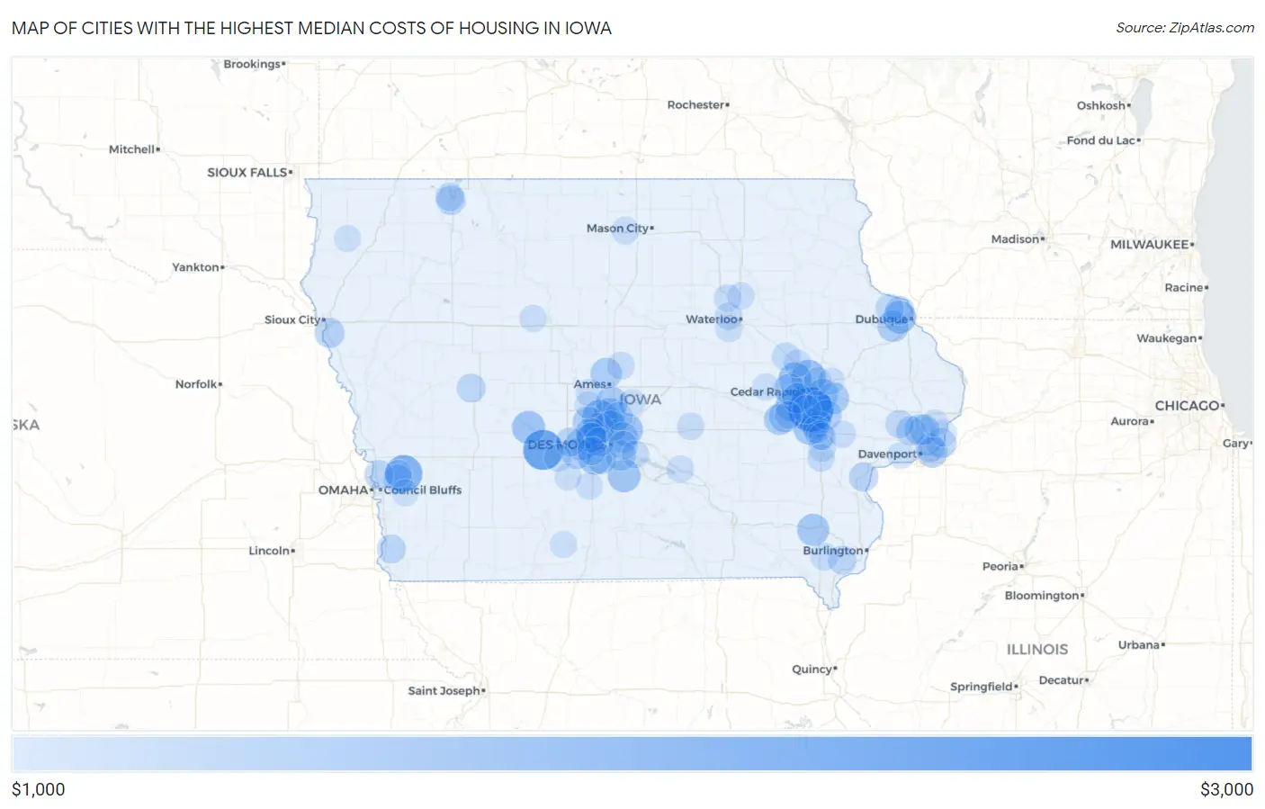 Cities with the Highest Median Costs of Housing in Iowa Map
