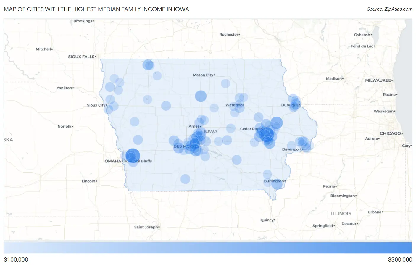 Cities with the Highest Median Family Income in Iowa Map