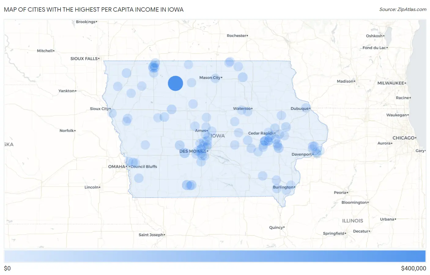 Cities with the Highest Per Capita Income in Iowa Map