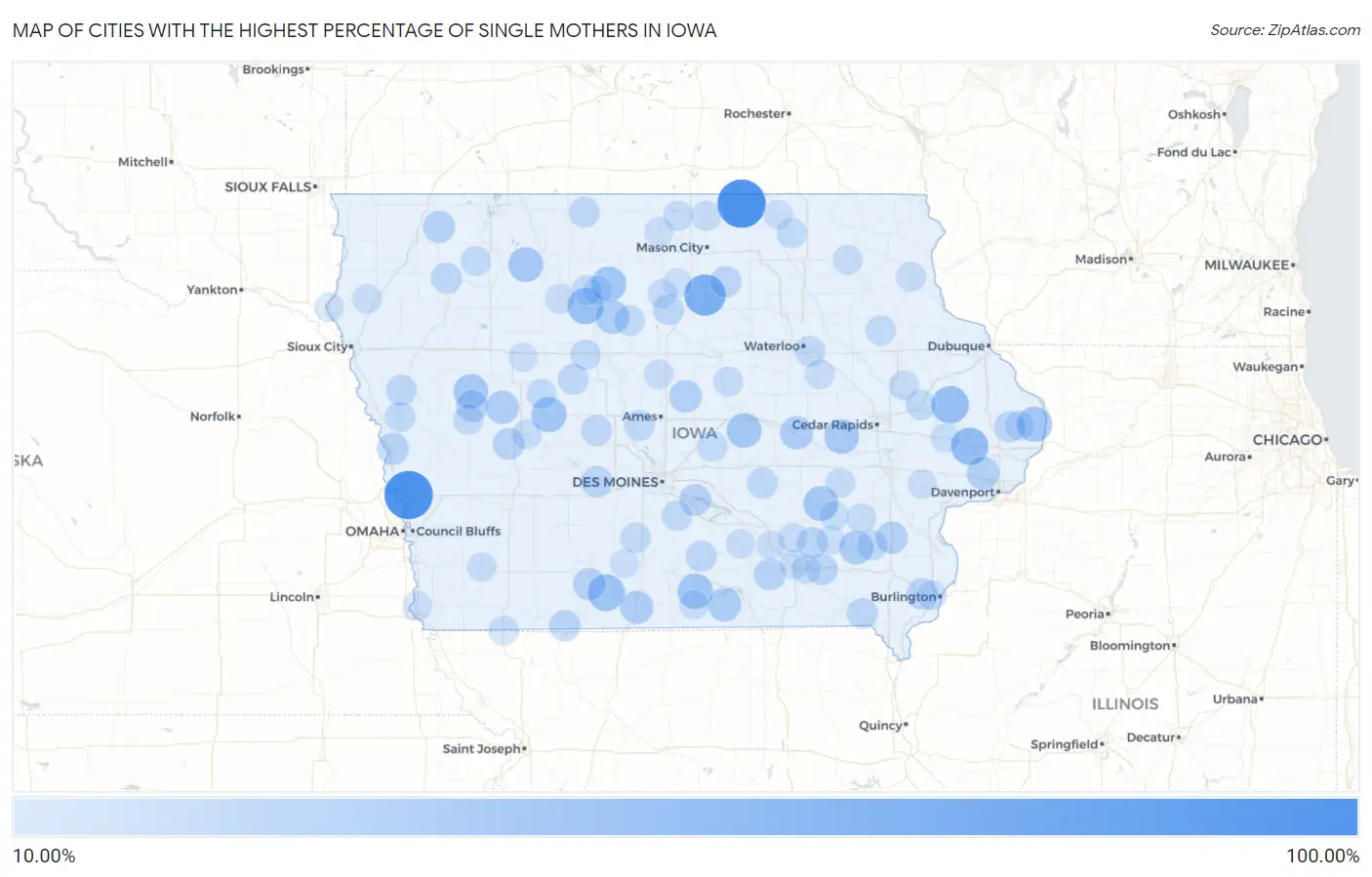 Cities with the Highest Percentage of Single Mothers in Iowa Map