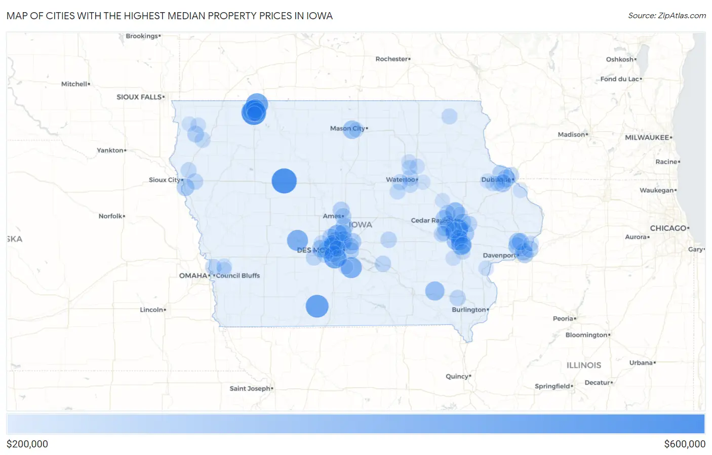 Cities with the Highest Median Property Prices in Iowa Map