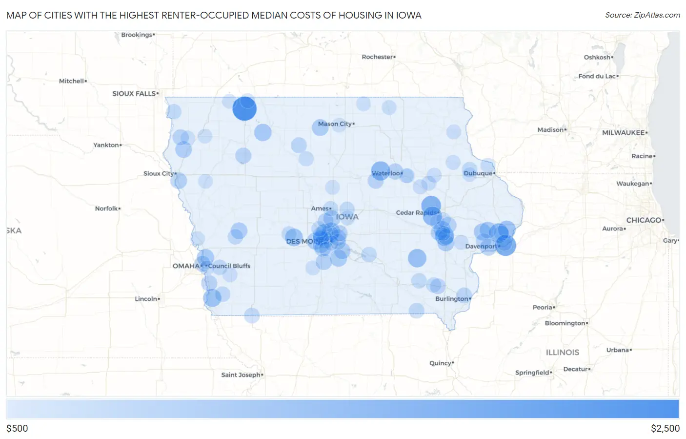 Cities with the Highest Renter-Occupied Median Costs of Housing in Iowa Map