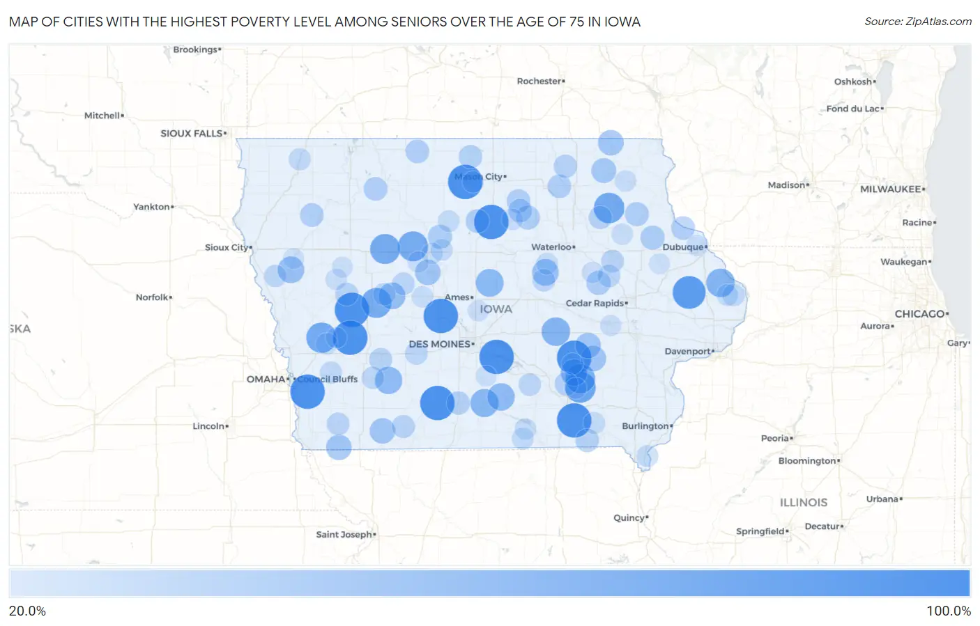 Cities with the Highest Poverty Level Among Seniors Over the Age of 75 in Iowa Map