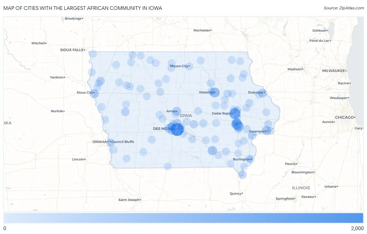 Cities with the Largest African Community in Iowa Map