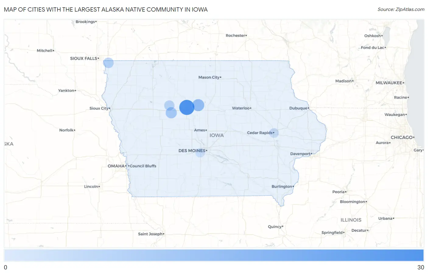 Cities with the Largest Alaska Native Community in Iowa Map
