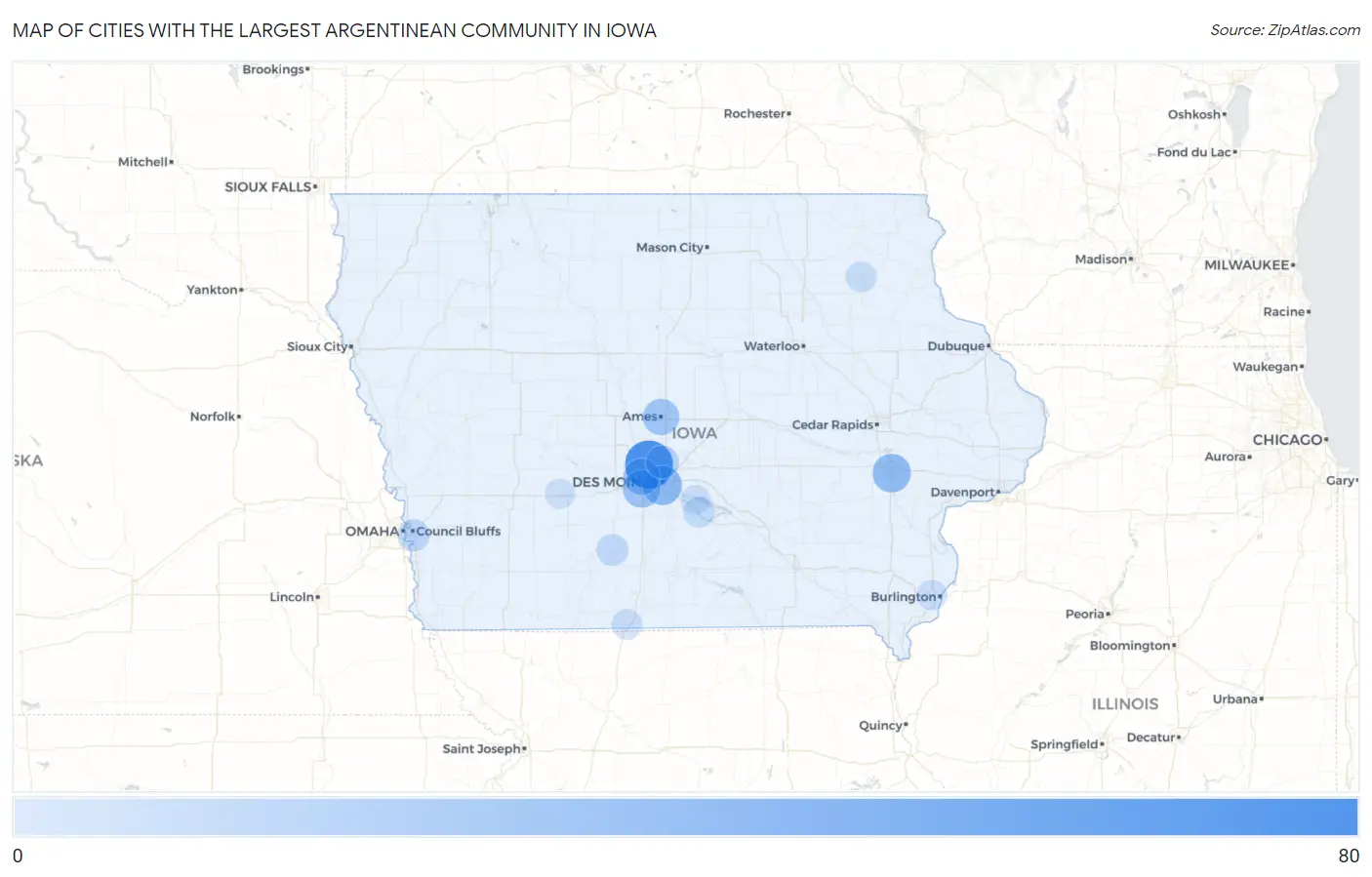 Cities with the Largest Argentinean Community in Iowa Map