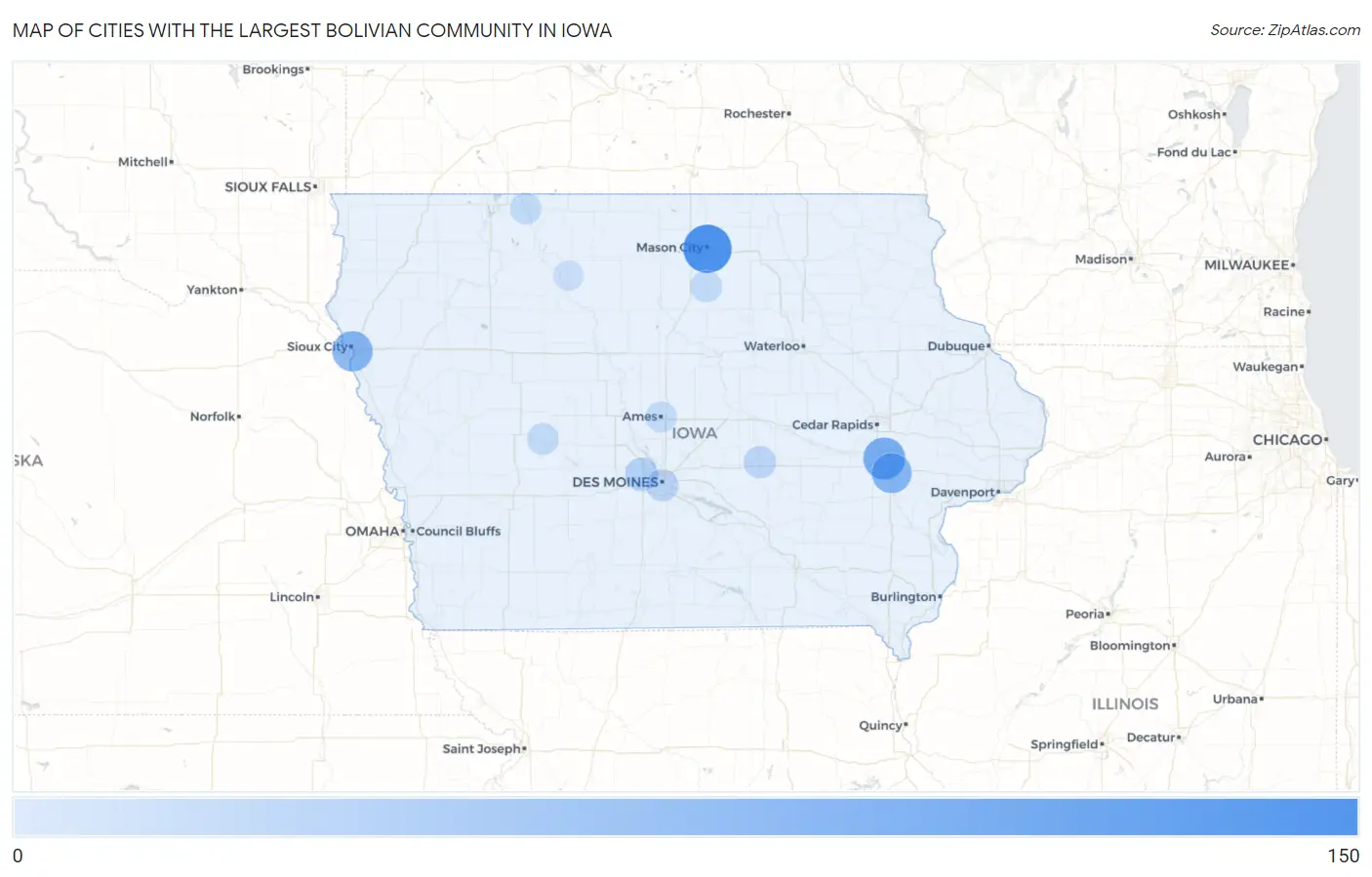 Cities with the Largest Bolivian Community in Iowa Map