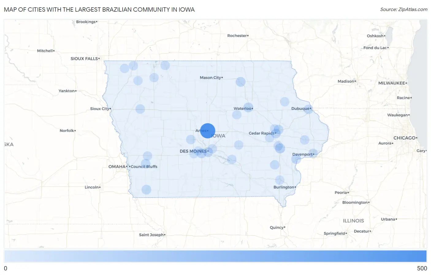 Cities with the Largest Brazilian Community in Iowa Map