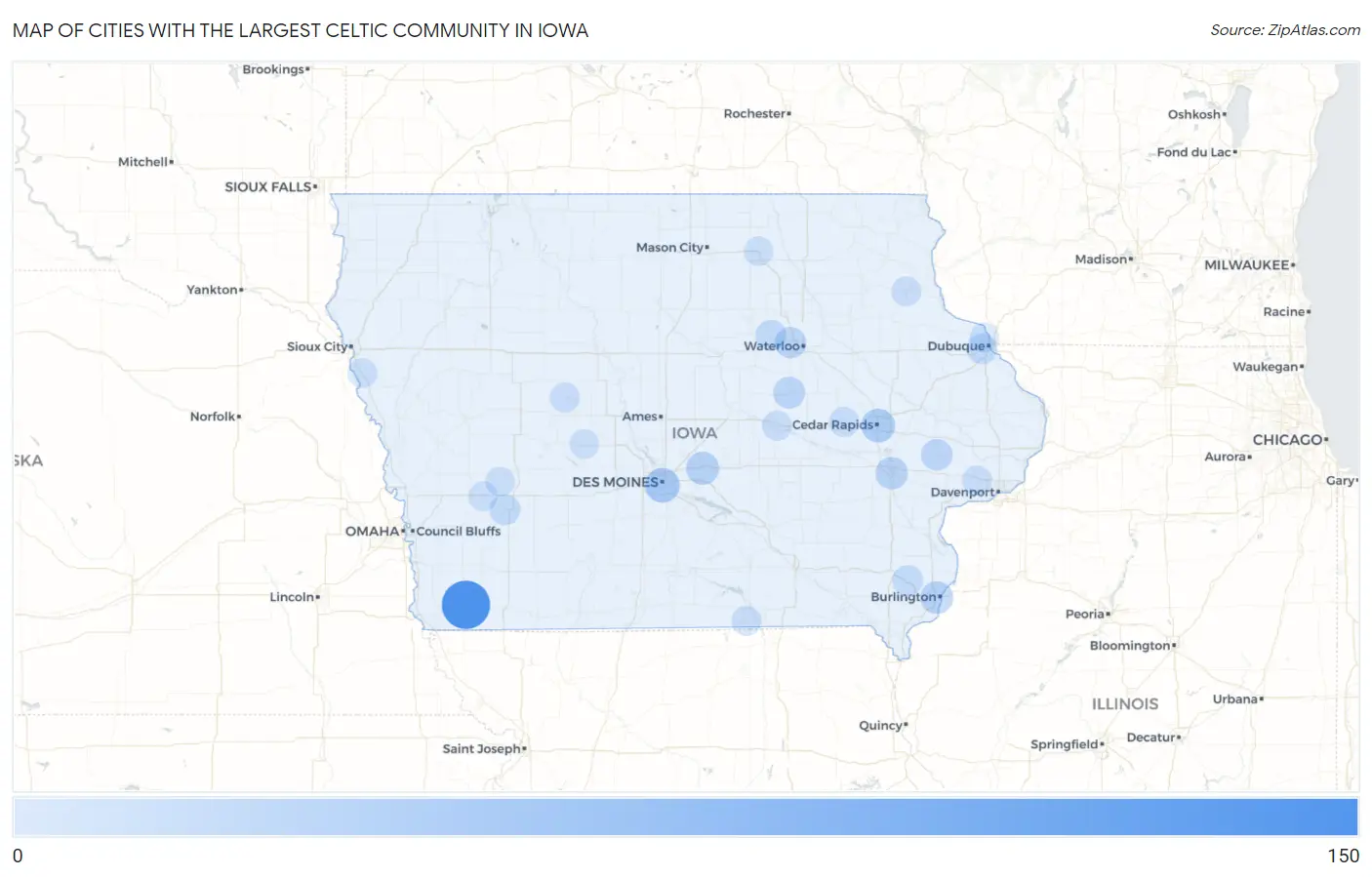 Cities with the Largest Celtic Community in Iowa Map