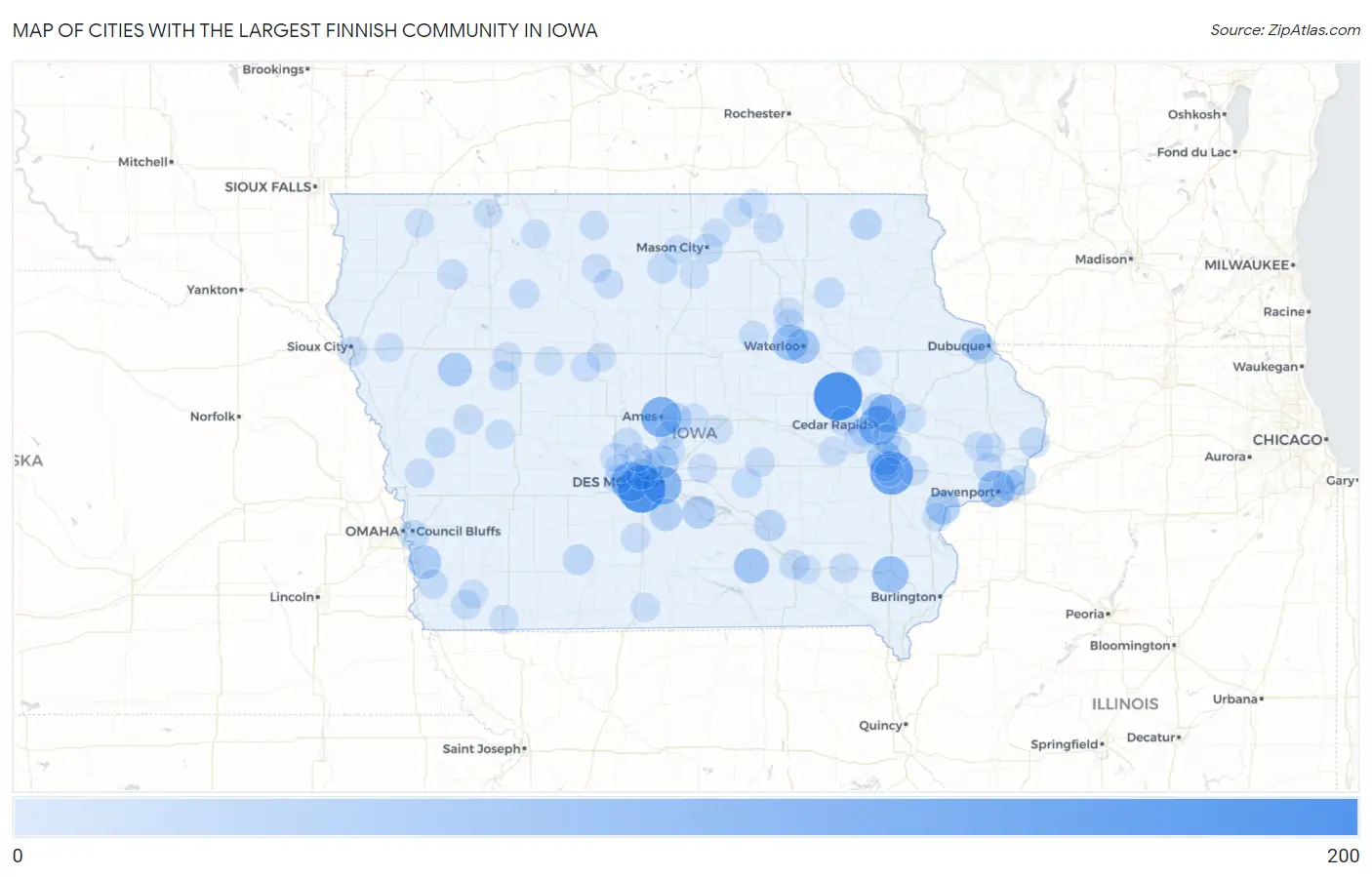 Cities with the Largest Finnish Community in Iowa Map