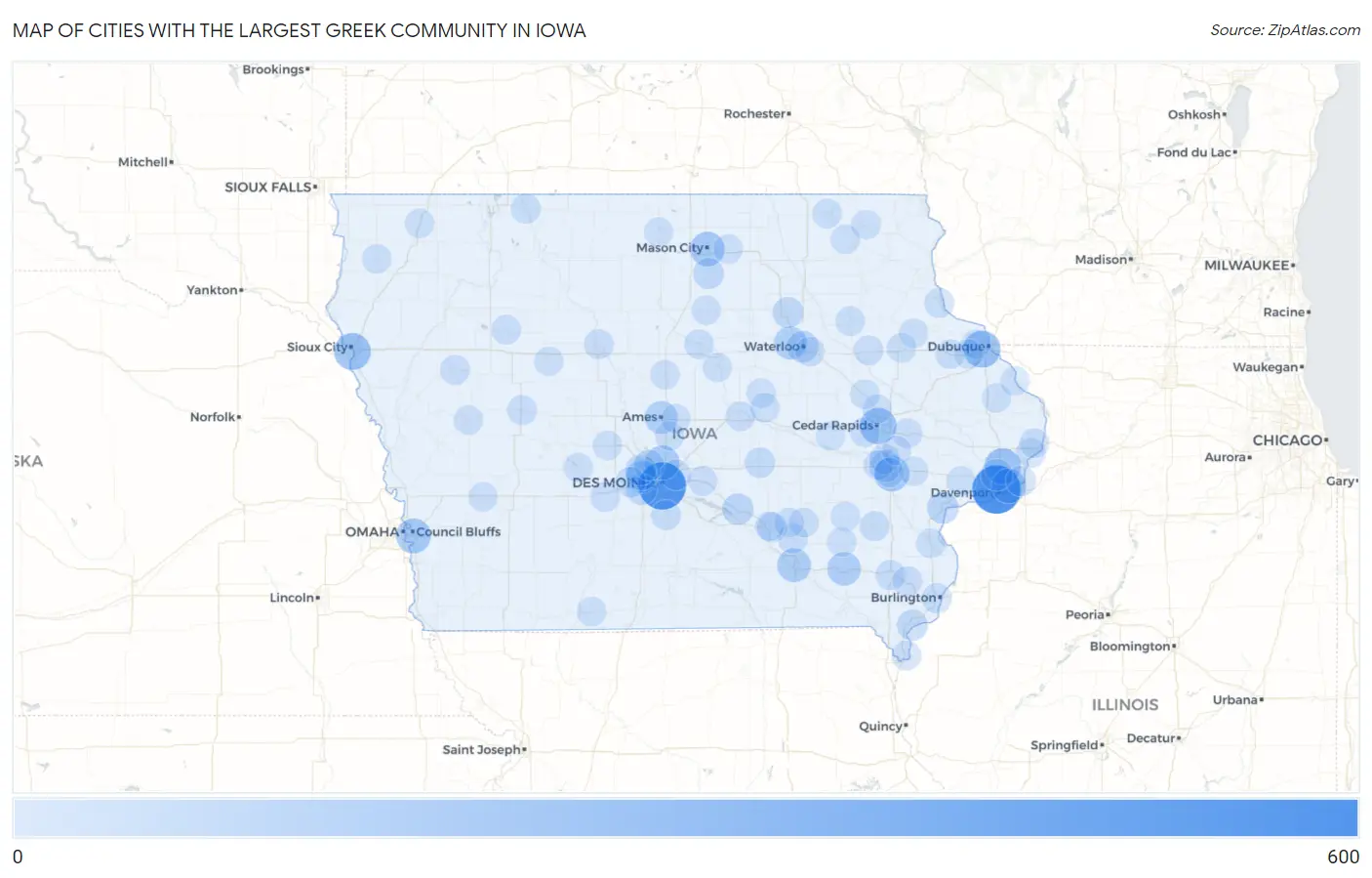 Cities with the Largest Greek Community in Iowa Map