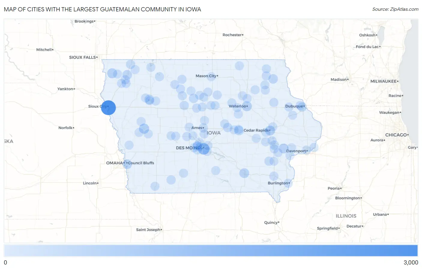 Cities with the Largest Guatemalan Community in Iowa Map