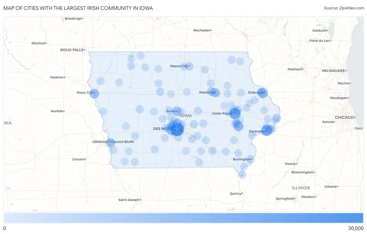 Cities with the Largest Irish Community in Iowa Map