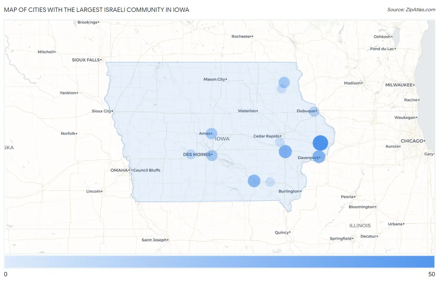 Cities with the Largest Israeli Community in Iowa Map