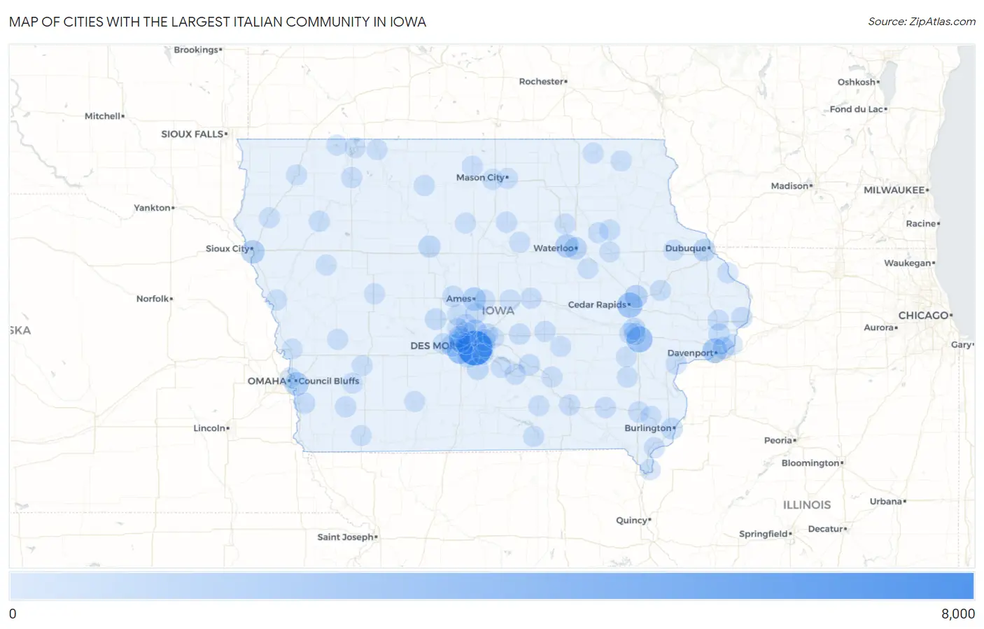 Cities with the Largest Italian Community in Iowa Map